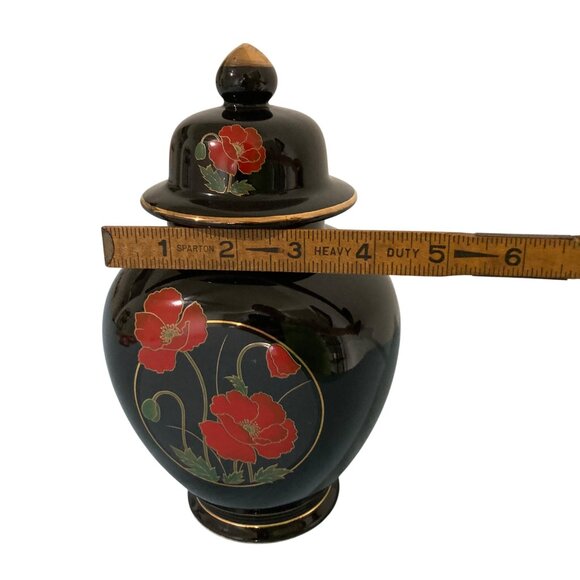 Vintage Japanese Fine China Lidded Ceramic Ginger Jar Black Gold Red Poppy - Picture 9 of 9